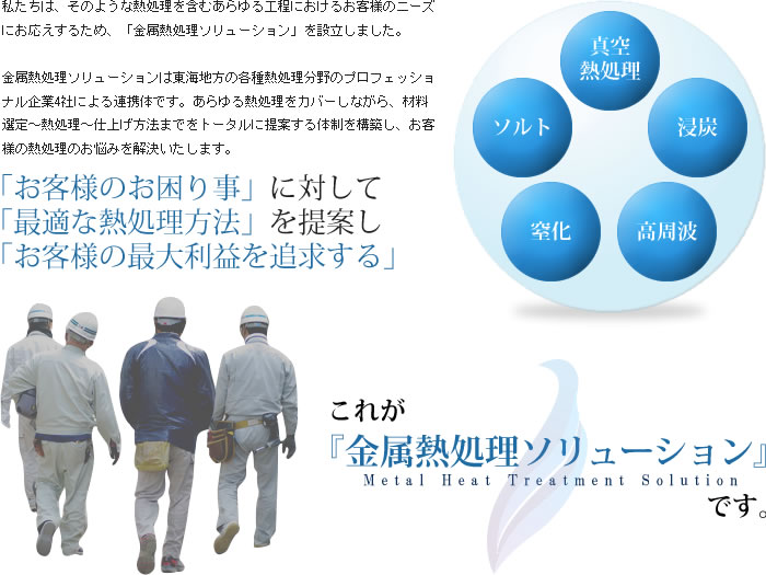 私たちは、そのような熱処理を含むあらゆる工程におけるお客様のニーズにお応えするため、「金属熱処理ソリューション」を設立しました。
金属熱処理ソリューションは東海地方の各種熱処理分野のプロフェッショナル企業4社による連携体です。
あらゆる熱処理をカバーしながら、材料選定~熱処理~仕上げ方法までをトータルに提案する体制を構築し、お客様の熱処理を解決いたします。
「お客様のお困り事」に対して
「最適な熱処理方法」を提案し
「お客様の最大利益を追求する」