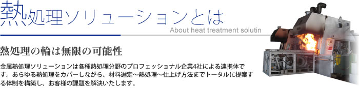 熱処理ソリューションとは
熱処理の輪は無限の可能性
金属熱処理ソリューションは各種熱処理分野のプロフェッショナル企業4社による連携体です。
あらゆる熱処理をカバーしながら、材料選定～熱処理～仕上げ方法までトータルに提案する体制を構築し、お客様の課題を解決いたします。